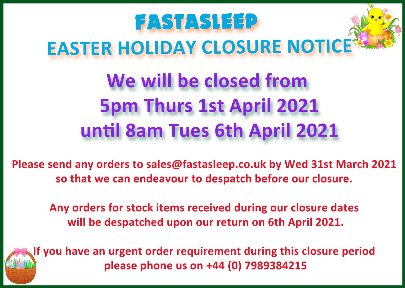 Holiday closure notice FP Easter 2021
