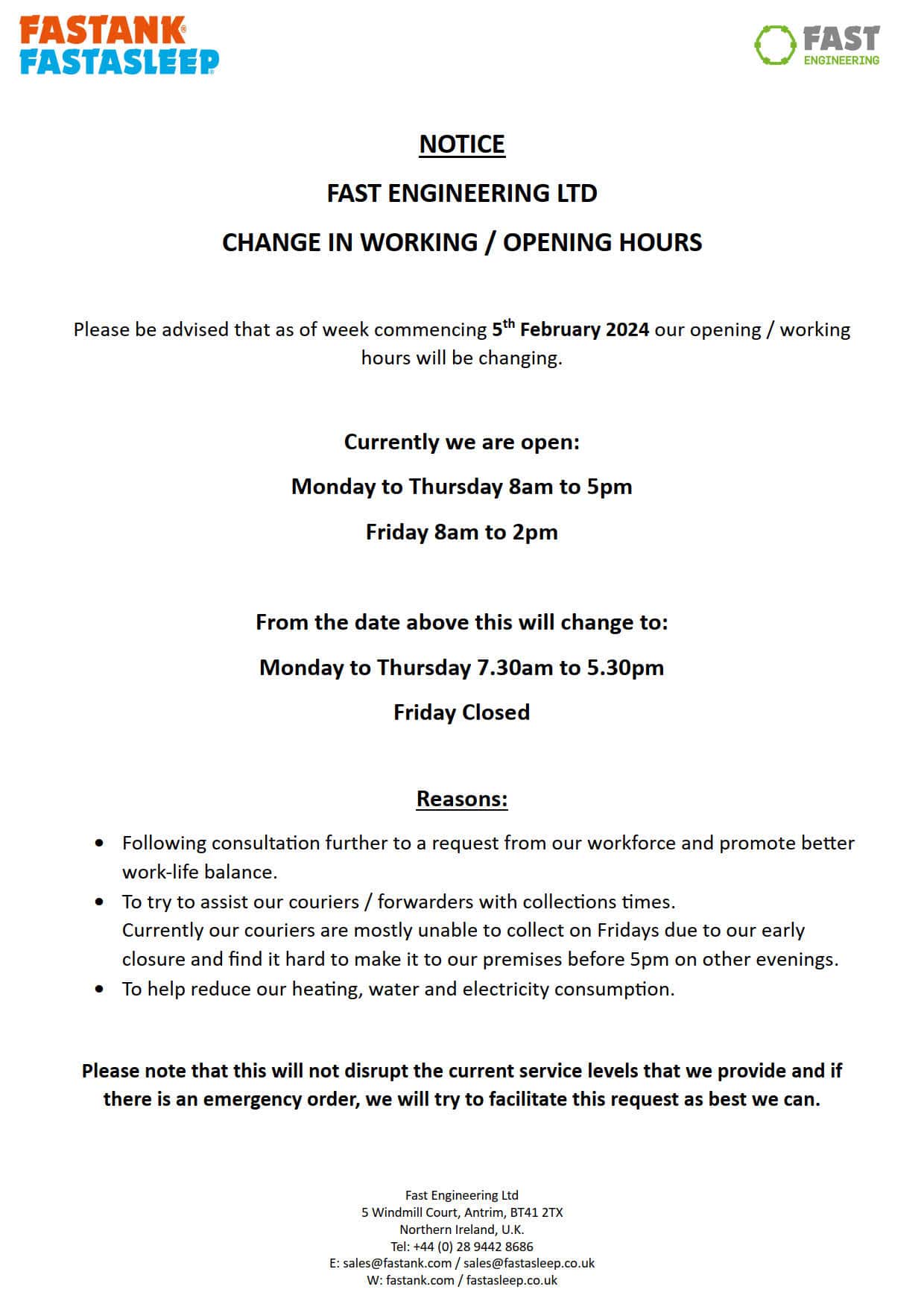 Fast Engineering Change in Opening / Working Hours